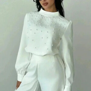 White Elegant Women's Romantic Pearl detailed Ruched Long Sleeve Blouse